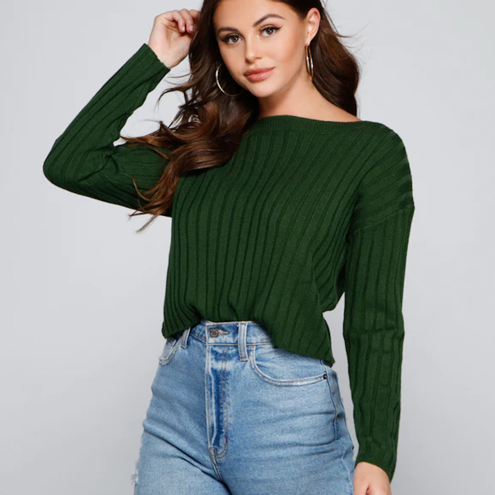 Windsor M Olive Green Always Cute Rib Knit Long Sleeve Cropped Sweater